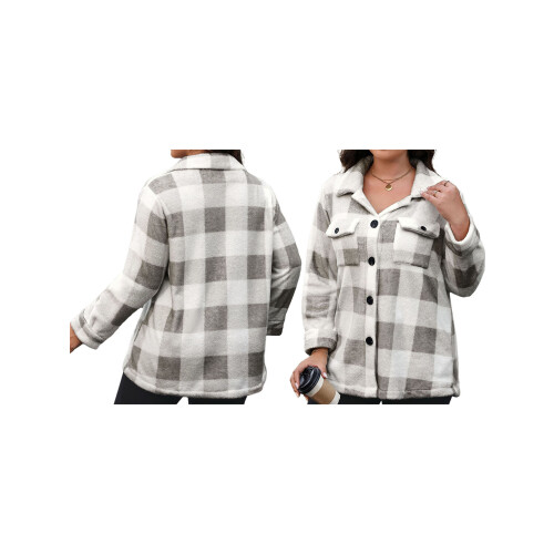 (XL, White) Γυναικείο καρό μπουφάν, γιακά, φθινοπωρινό 1