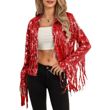 (L, Red) Veste cardigan légère et décontractée à sequins et franges, manches longues, style cowgirl disco, idéale pour un look streetwear.