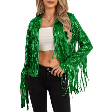 (XXL, Green) Veste cardigan légère et décontractée à sequins et franges, manches longues, style cowgirl disco, idéale pour un look streetwear.