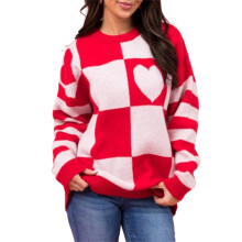 (L, Red) Women Knit Sweater Long Sleeve Crew Neck Heart Contrast Color Pullover Warm Sweater for Valentine's Day