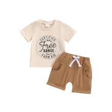 (0-6 Months, Beige) Ensembles d'été 2 pièces pour garçons : t-shirts à manches courtes imprimés champêtres et shorts à cordon de serrage.
