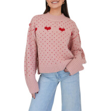 (S, Pink) Women Knit Sweater Long Sleeve Crew Neck Heart Pullover Warm Sweater for Valentine's Day