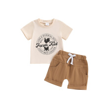(0-6 Months, Khaki) Ensembles d'été 2 pièces pour garçons : t-shirts à manches courtes imprimés champêtres et shorts à cordon de serrage.