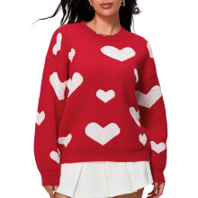 (L, Red) Women's Fuzzy Heart Pattern Sweaters Long Sleeve Crew Neck Loose Pullover Fall Winter Tops