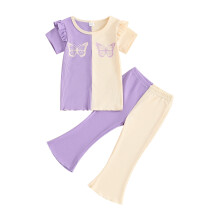 (3-4 Years, Colorful) Ensemble été fille : t-shirt court papillon et pantalon évasé