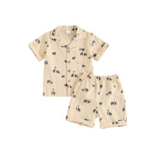 (18-24 Months, Khaki) Ensemble d'été garçon : chemise courte à col imprimé animal et short élastique