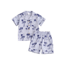 (3-4 Years, Blue) Ensemble d'été garçon : chemise courte à col imprimé animal et short élastique