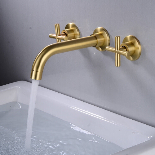 DENEST Wall Mount Double Cross Handle Bathroom Solid Brass Faucet in Brushed Gold 1