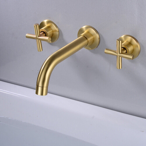 DENEST Wall Mount Double Cross Handle Bathroom Solid Brass Faucet in Brushed Gold 2