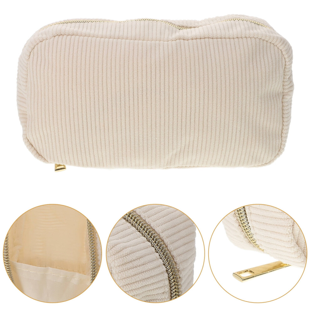 Beige Multi Compartment Toiletry Cosmetics Bag Corduroy 1Pcs