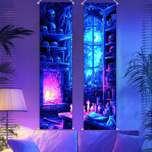 2 Pack Blacklight Bookshelf Tapestry Glow in the Dark Tapestry UV Reactive Wall Hanging 12.951 Inch with Ropes Wooden Rods