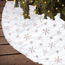 Jupe de sapin de Noël, jupe de sapin en fausse fourrure avec décorations de flocons de neige argentés à paillettes pour les fêtes de fin d'année