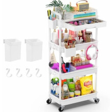 Carrito utilitario rodante de 4 niveles con cajón extraíble, 2 ruedas con bloqueo, carrito de almacenamiento blanco estable para baño, cocina,