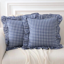 Lot de 2 housses de coussin à volants à carreaux bleu marine et blanc, 100 % coton lavé, style champêtre, 45 x 45 cm