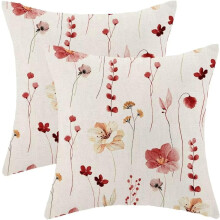 Fețe de pernă florale 45x45 cm, set de 2, fețe de in cu flori roșii/bej în acuarelă pentru canapea, dormitor, living – Compatibile cu