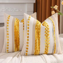Housses de coussin décoratives bohèmes en chenille touffetée, 45 x 45 cm, lot de 2, rayures texturées, jaunes.