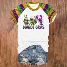 Mardi Gras ingek nőknek flitteres mintás, kerek nyakú, színes blokkos, rövid ujjú felső, nyári grafikás pólók, plus size