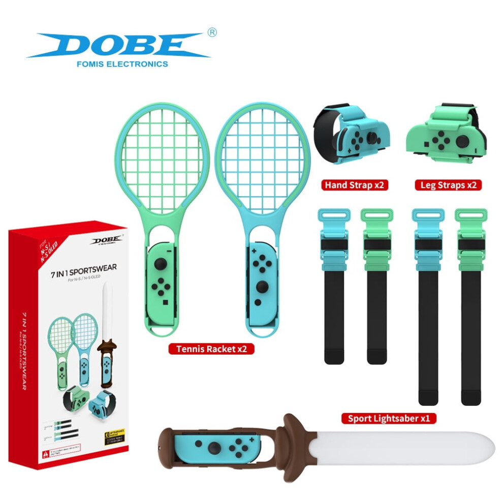 7-In-1 Sports Bundle Compatible With Nintendo Switch/Oled: Saber, Tennis Racket, Wrist & Leg Straps For Joy-Con Light 9180479023692