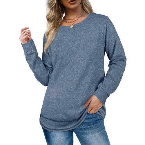 Långärmade t-shirts för kvinnor höst vinter enfärgade rundhalsade pullovertoppar, blå 1