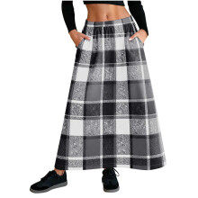 Dameternet midinederdel med elastisk talje og lommer, 50% uld 50% polyester højtaljet A-formet nederdel, plus størrelse S-2XL afslappet lang