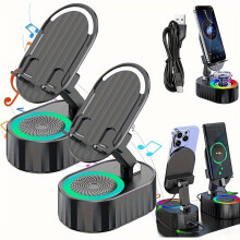 Soporte para teléfono con altavoz y carga inalámbrica 5 en 1: batería externa de 3000 mAh, luz ambiental de 300, soporte plegable para teléfono