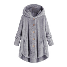 Dames Plus Size Blouse met Knoopsluiting en Pluche Top, Capuchon, Losse Vest, Wollen Winterjas, Grijs L