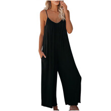 Macacão feminino de verão Lulshou com alças, cor sólida, modelo casual com bolsos, tamanho XXL, compatível com tamanhos padrão.
