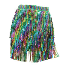 Glitzernder Minirock für Damen, Karnevals- und Bühnenkleidung, farbenfroher Fransenrock aus Handtuch für Bauchtanz, Pailletten-Fransenrock aus