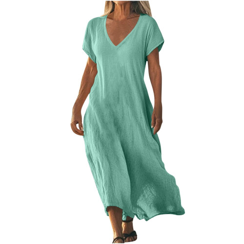 Γυναικείο Φόρεμα Plus Size με Κοντομάνικο V Λαιμόκοψη, Casual, Λινό Μακρύ Φόρεμα, Χαλαρό, 1