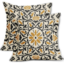 Housses de coussin bohèmes noires et jaune moutarde, 40 x 40 cm, imprimé floral vintage, en lin, style champêtre (lot de 2).