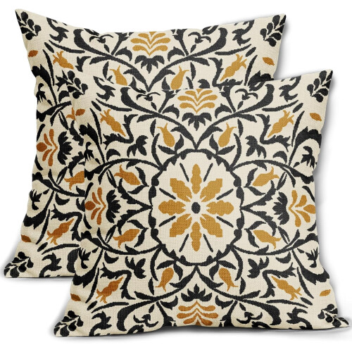 Conjunto de 2 capas de almofada em linho preto e amarelo mostarda, 40x40cm (16x16 polegadas).