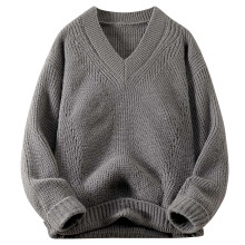 Men's Fashionable Tops Fall Winter Trendy Solid Color Pullover V-Neck Knitted Long Sleeved Slim Sweaters Suitable for Daily Wear(Gray#1,3XL)