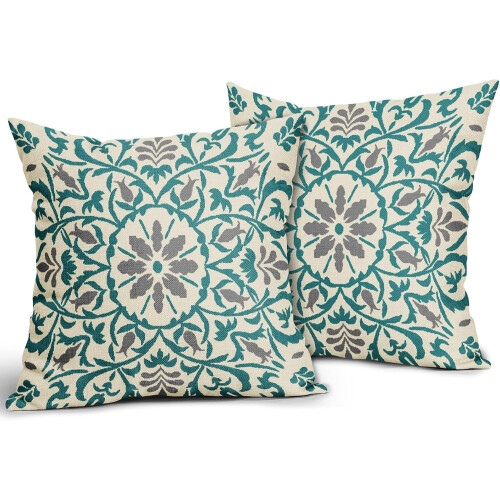 Μαξιλαροθήκες Boho σε γαλαζοπράσινο γκρι χρώμα, 16x16 ίντσες, λινές θήκες μαξιλαριών 1