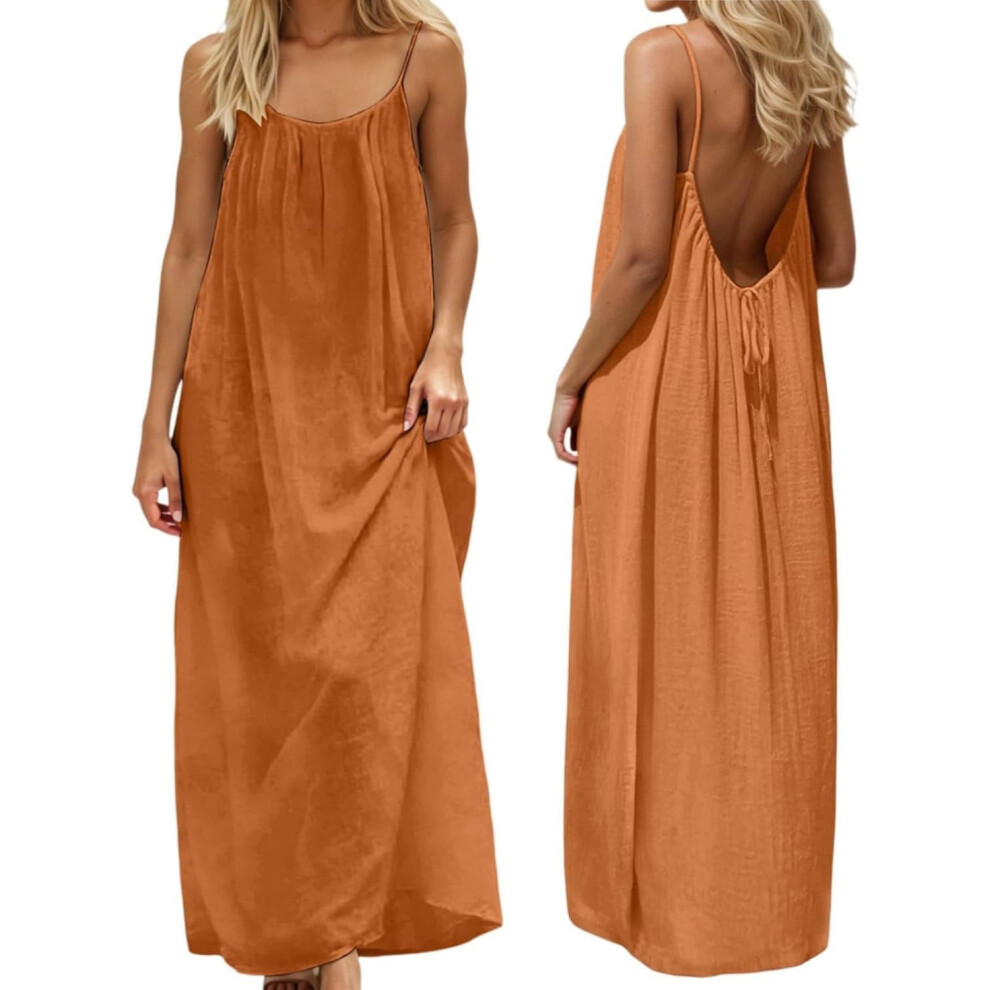 Women Backless Cami Dress, Summer Casual Sleeveless House Lounge Dresses, Spaghetti Strap Flowy Long Beach Sundress 9426043114466