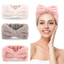 Confezione da 3 fasce per capelli da spa in microfibra con fiocco per donna, ideali per lavarsi il viso, disponibili nei colori bianco, grigio e rosa.