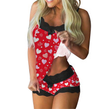 Completo pigiama natalizio da donna in due pezzi con inserti in pizzo, stampa, senza maniche, canotta, pantaloncini, comodo abbigliamento da notte