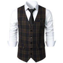 Colete masculino formal, sem mangas, clássico, com abotoamento simples e botões para terno, azul marinho.