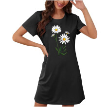 Damen-Nachthemd mit Sonnenblumenmuster in großen Größen, Rundhalsausschnitt, kurze Ärmel, doppelseitiges Fleece aus Milchseide, Größen S–2XL,