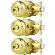 Polished Brass Privacy Door Knobs,Interior Door Knob for Bedroom and Bathroom Keyless Door Locksets, 3 Pack
