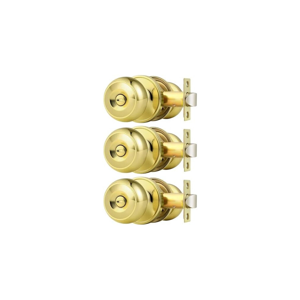 Polished Brass Privacy Door Knobs,Interior Door Knob For Bedroom And Bathroom Keyless Door Locksets, 3 Pack 9180479610823