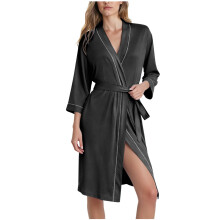 Cămașă de noapte pentru femei, stil înfășurat, cu curea, cu mâneci 7/8, poliester, spandex, fleece periat, căptușeală din flanel, mărime