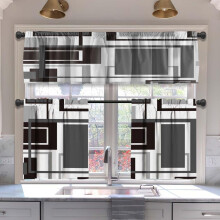 Red & Black Geometric Kitchen Curtains Set (36" Tiers + Valances), Compatible with Modern Kitchens