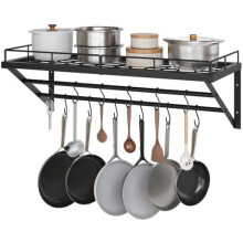 Estante para ollas de pared de 76 cm con rieles de 2 niveles y 12 ganchos en S, organizador de utensilios de cocina que ahorra espacio, color negro