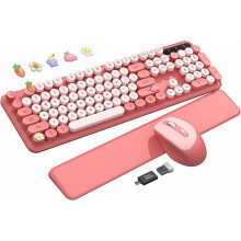Wireless Keyboard & Mouse Combo with Detachable Wrist Rest, Retro Round Keys, Smart-Sleep, 2.4GHz — Compatible with Mac/Windows/PC (Blush Pink)