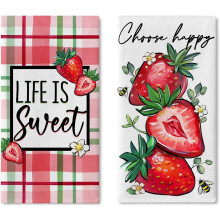 Lot de 2 torchons printemps/été à motif fraises, 45 x 65 cm, motif fruits rouges et abeilles, torchons de cuisine/pâtisserie, décoration style