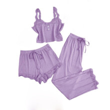 Damespyjamaset met kanten afwerking, 3-delig – Spaghettibandjes, zachte stretch nachtkleding met korte en lange broek, maten S-3XL