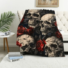 Soft Warm Skull Throw Blanket – Red Rose & Black/White Skulls, Cozy Lightweight Blanket for Bed, Sofa, Living Room – Gothic Birthday Gift for
