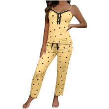 Set de pijamale romantic cu imprimeu de inimă, camisol și pantaloni pentru femei (S-2XL), moale și elastic
