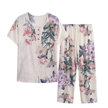 Dames zomerse pyjamaset van linnenlook (2-delig) | Top met korte mouwen, knoopsluiting en ronde hals met retroprint + broek met elastische taille |