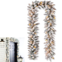 Guirlanda de pinheiros e azevinho flocados – folhagem artificial com aspecto de neve e frutinhas vermelhas para decoração de Natal, lareira,